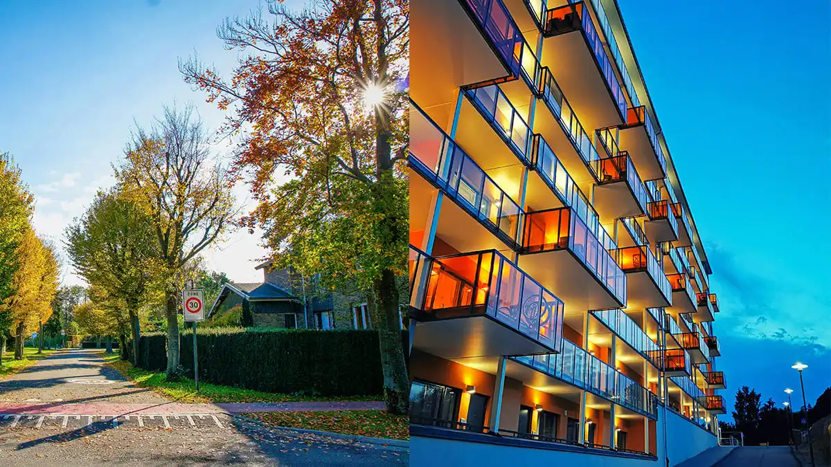 Complejo de edificios residenciales modernos y áreas comunes limpias para el servicio de limpieza de condominios de Klinn.