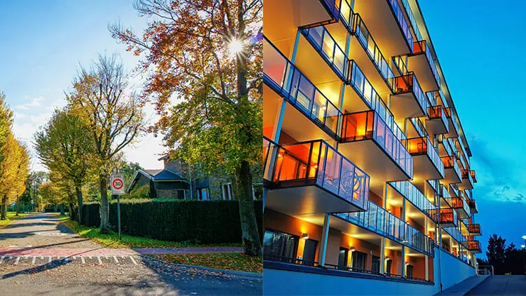 Imagen dividida con un edificio con balcones de vidrio y otra imagen de una calle de un suburbio con arboles y casas