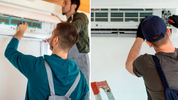 Técnicos especializados realizando la instalación y montaje de un aire acondicionado split de pared con Klinn.