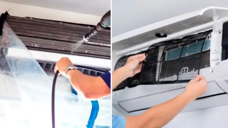 Técnico realizando el lavado a presión y la limpieza de filtros de un aire acondicionado split con el servicio de Klinn.